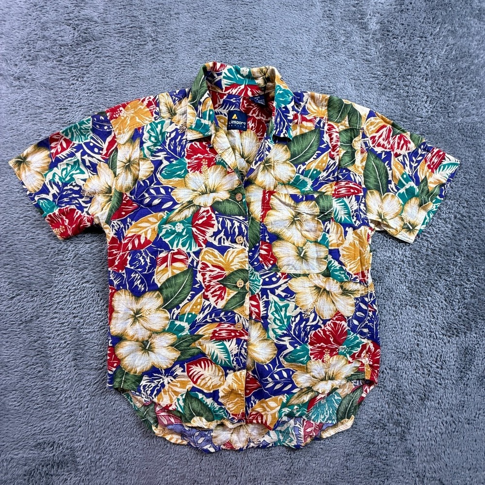 Liz Sport Hawaiian Floral Button Up Shirt P M 100% Cotton VTG 90s Loop Collar